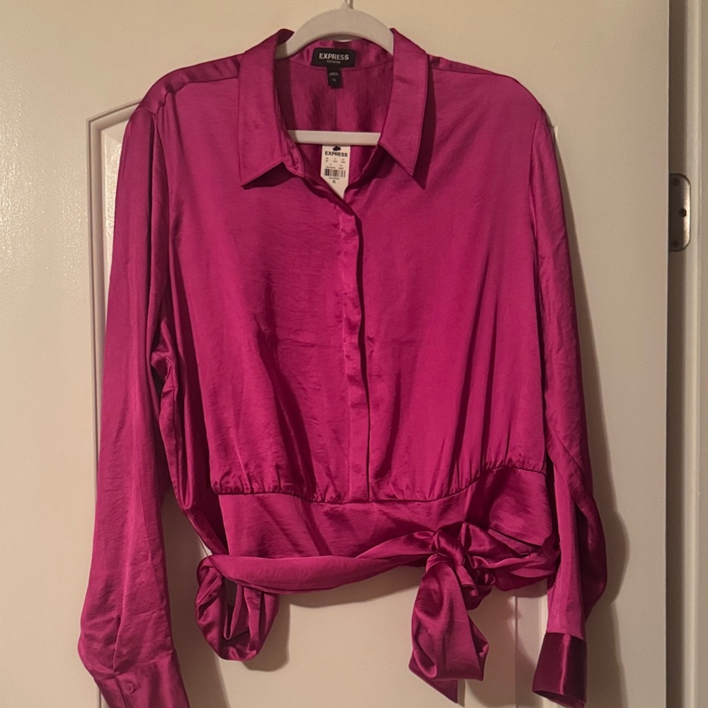 Express Women's Fuchsia Satin Button Down Shirt